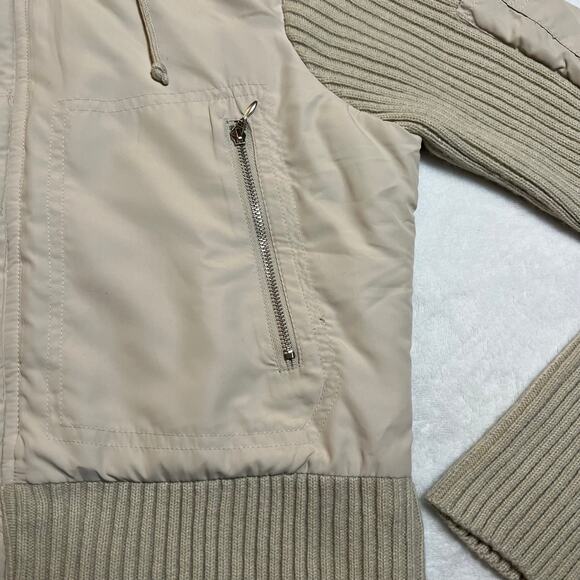 Glimmer Full Zip Knit Jacket w/ Fur Trim Hood Size L Y2K Hip Hop Neutral Casual - Picture 5 of 8